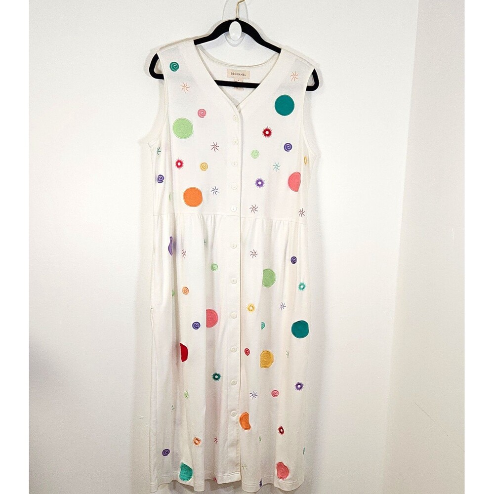 Vtg Bechamel White Embroidered Polka Dot Sleeveless Maxi Teacher Cottage LARGE